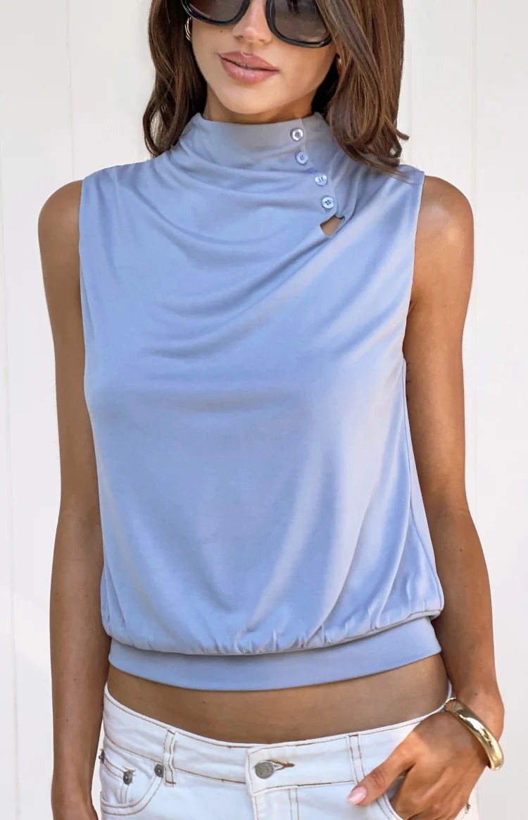Indie Dusty Blue Keyhole Button Top